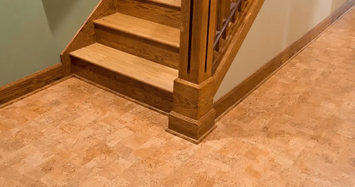 End of a staircase with cork flooring in Naperville, IL