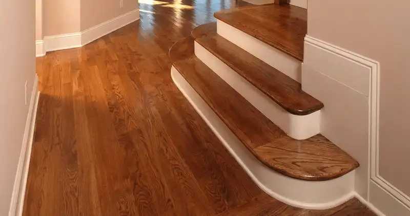 Base floor of a staircase with professionally restored wood flooring in Naperville IL