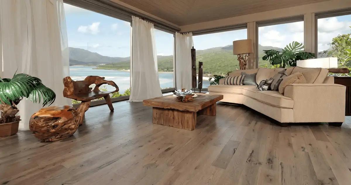 Professionally installed vinyl flooring in a modern living room with large windows in Naperville, IL